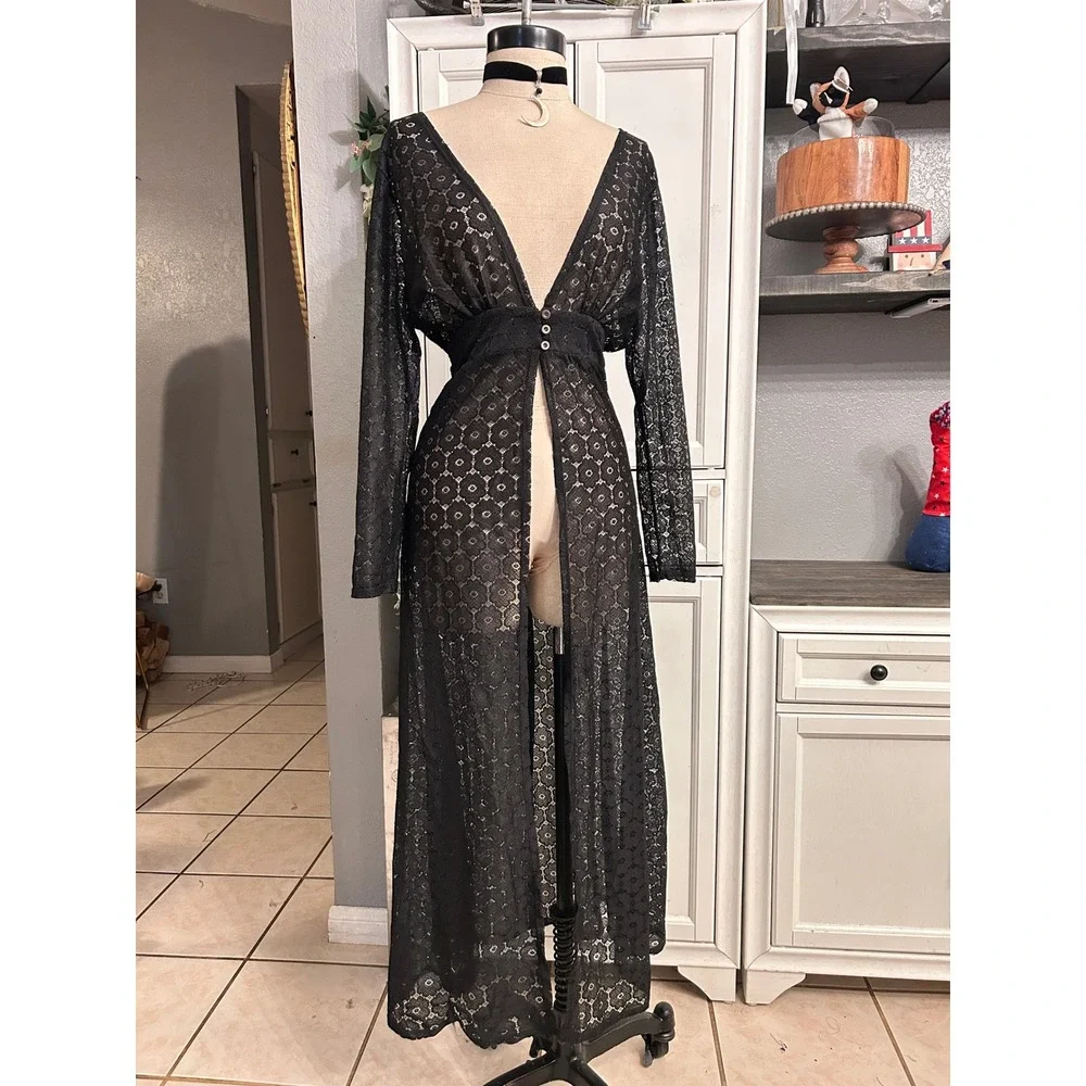 Black Sheer Lace Duster Maxi Cardigan Long Sleeve Beach Cover up